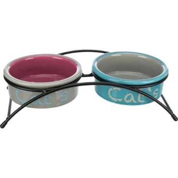 Trixie Bowl Set - kerámia tál (színes,mintás) fém állványban macskák részére (2x0,3l /Ø12cm)