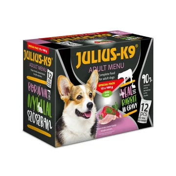 Julius - K9 Adult Menu Veal  Rabbit - nedves eledel (borjú,nyúl) válogatás szószban kutyák részére (12x100g)