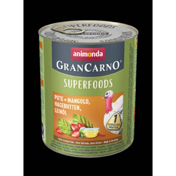 Animonda GranCarno Adult (superfood) konzerv - Felnőtt kutyák részére,  pulyka, mángold, csipkebogyó, lenmagolaj (800g)