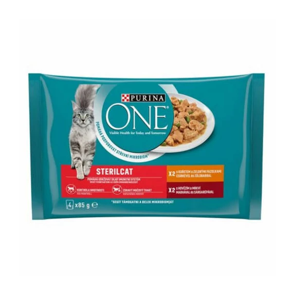 Purina ONE Sterilcat - nedves eledel (csirke, zöldbab - marha, sárgarépa) macskák részére (4x85g)