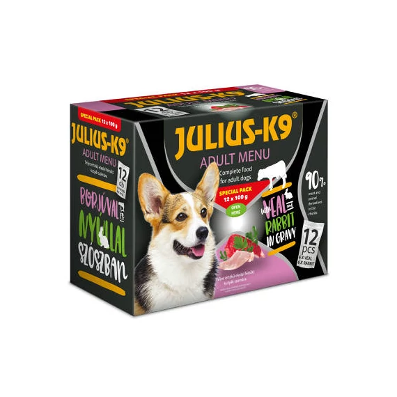 Julius - K9 Adult Menu Veal  Rabbit - nedves eledel (borjú,nyúl) válogatás szószban kutyák részére (12x100g)