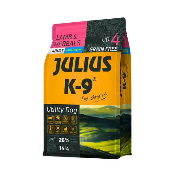 JULIUS K-9 UD4S Adult Utility Dog Hypoallergenic LambHerbals (báránygyógynövény) - Gabonamentes száraztáp, felnőtt kutyák részére - SMALL, 3kg