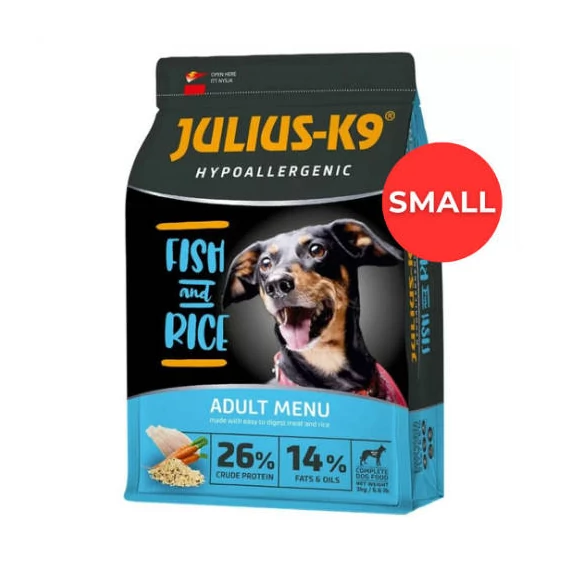 JULIUS-K9 12kg ADULT HYPOALLERGENIC FishRice (halrizs) száraztáp SMALL