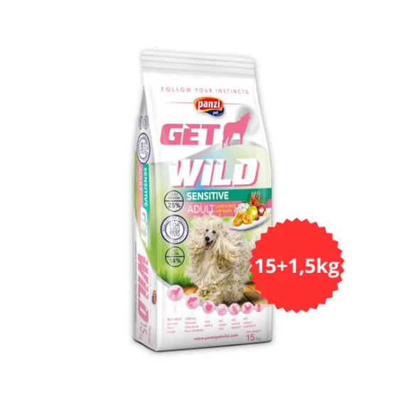 Akciós Túltöltött Panzi GetWild Adult Sensitive LambRice with Apple száraztáp - Bárány-Rizs-Alma (csirke- és búzamentes, 15 + 1,5 kg)