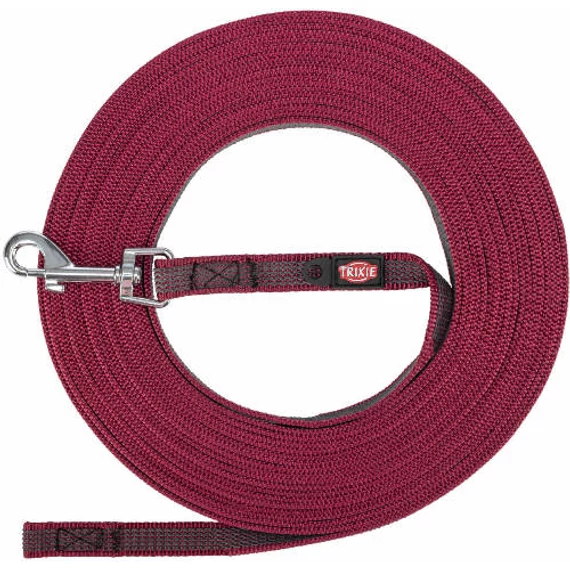 KT26.Trixie Tracking Leash, rubberized - nyomkövető póráz, gumírozott, S-M: 15m/15mm, sangria málna