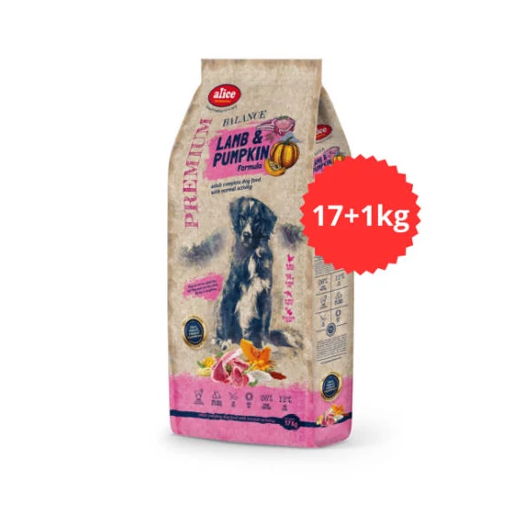 Akciós TÚLTÖLTÖTT alicePROFESSIONAL Adult Balance LambPumpkin száraztáp felnőtt kutyák részére (báránysütőtök, 17+1 kg)