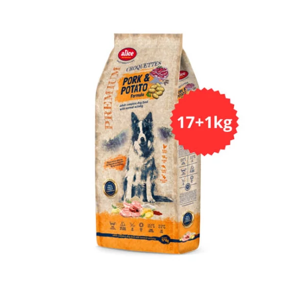 Akciós TÚLTÖLTÖTT alicePROFESSIONAL Adult CROQUETTES PorkPotato száraztáp felnőtt kutyák részére (sertésburgonya, 17+1kg)