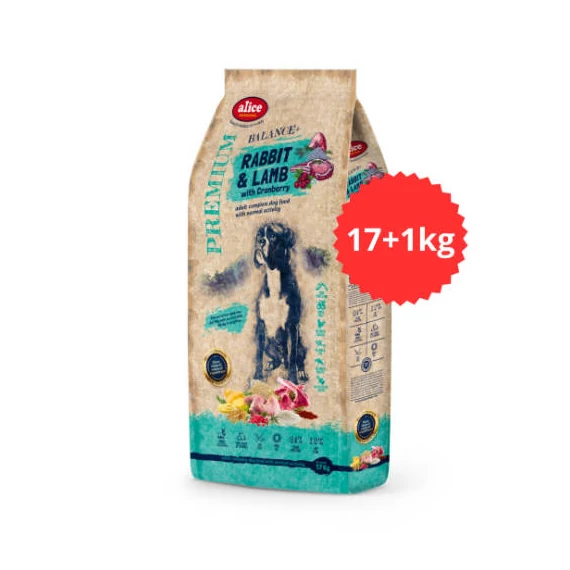 Akciós TÚLTÖLTÖTT alicePROFESSIONAL Adult Balance+ RabbitLamb with Cranberry száraztáp felnőtt kutyák részére (nyúlbárányvörösáfonya, 17+1kg)
