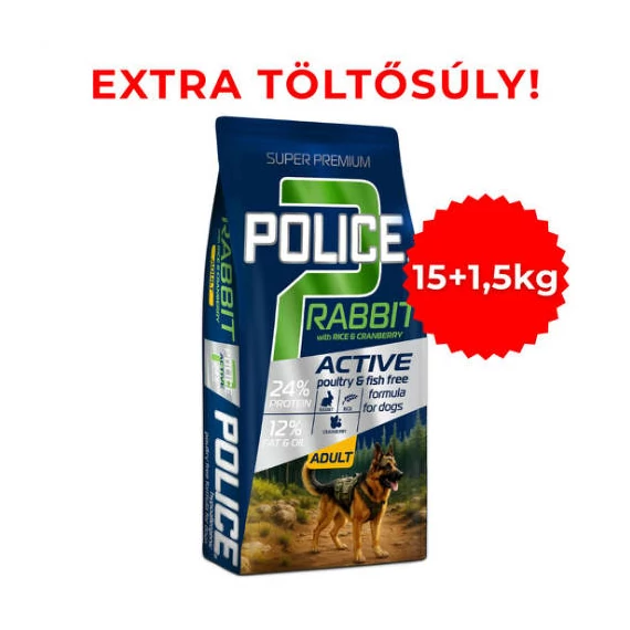 POLICE ADULT Hypoallergenic Rabbit with RiceCranberry (nyúl, rizs, vörösáfonya) - TÚLTÖLTÖTT KISZERELÉS! (15 + 1,5 kg)